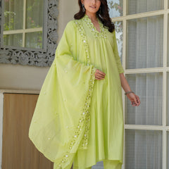 Lime Aura Embellished Cotton Kurta Pant Set with Sheer Dupatta