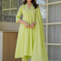 Lime Aura Embellished Cotton Kurta Pant Set with Sheer Dupatta