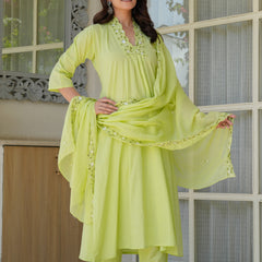 Lime Aura Embellished Cotton Kurta Pant Set with Sheer Dupatta