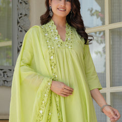 Lime Aura Embellished Cotton Kurta Pant Set with Sheer Dupatta