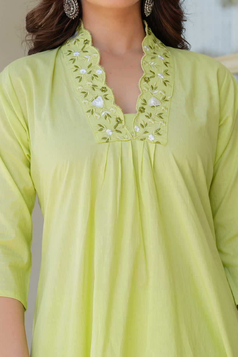Lime Aura Embellished Cotton Kurta Pant Set with Sheer Dupatta
