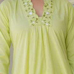 Lime Aura Embellished Cotton Kurta Pant Set with Sheer Dupatta