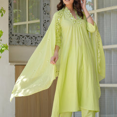 Lime Aura Embellished Cotton Kurta Pant Set with Sheer Dupatta