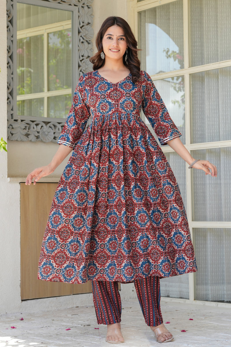 Elegant Red & Blue Printed Kurta Set with Dupatta for Women