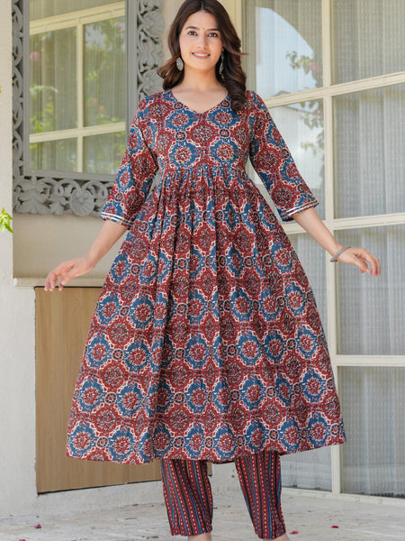 Elegant Red & Blue Printed Kurta Set with Dupatta for Women