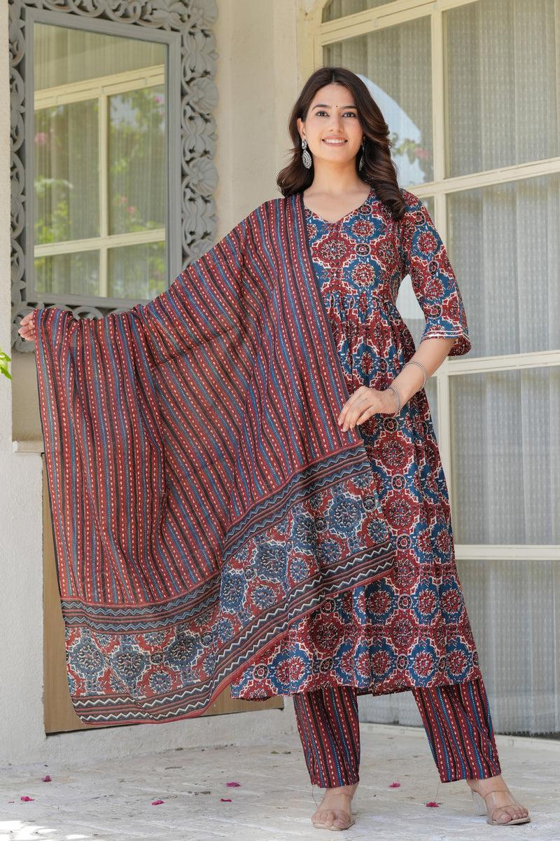Elegant Red & Blue Printed Kurta Set with Dupatta for Women