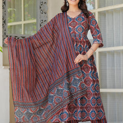 Elegant Red & Blue Printed Kurta Set with Dupatta for Women