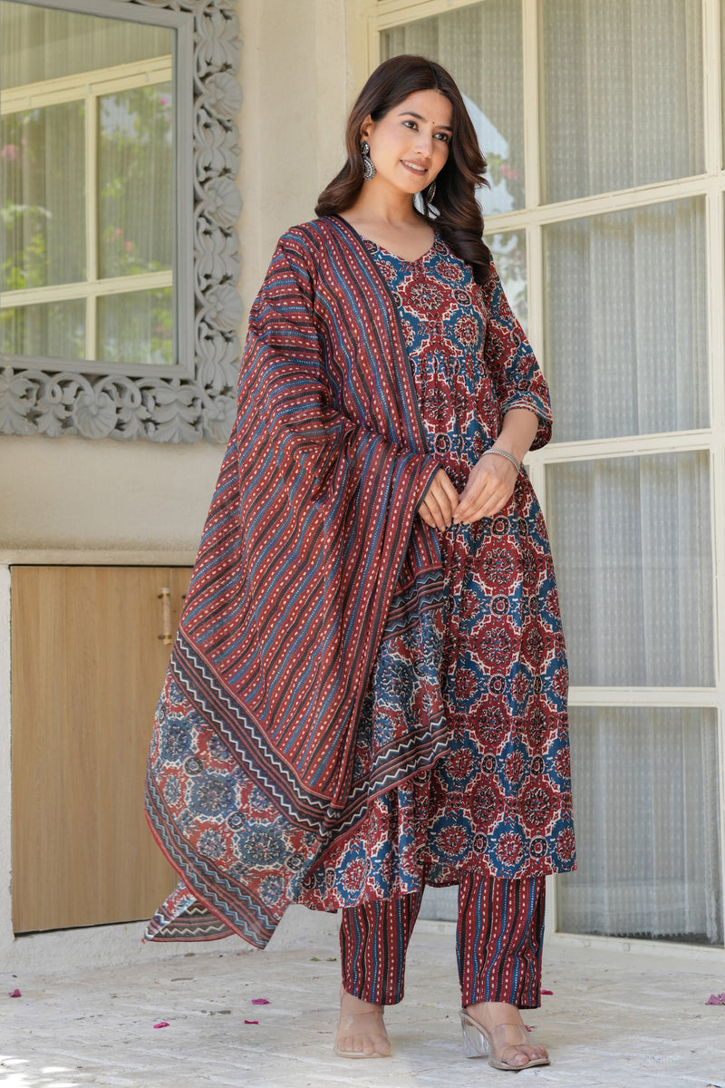 Elegant Red & Blue Printed Kurta Set with Dupatta for Women