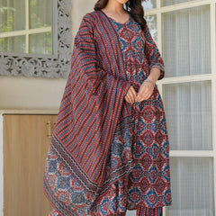Elegant Red & Blue Printed Kurta Set with Dupatta for Women
