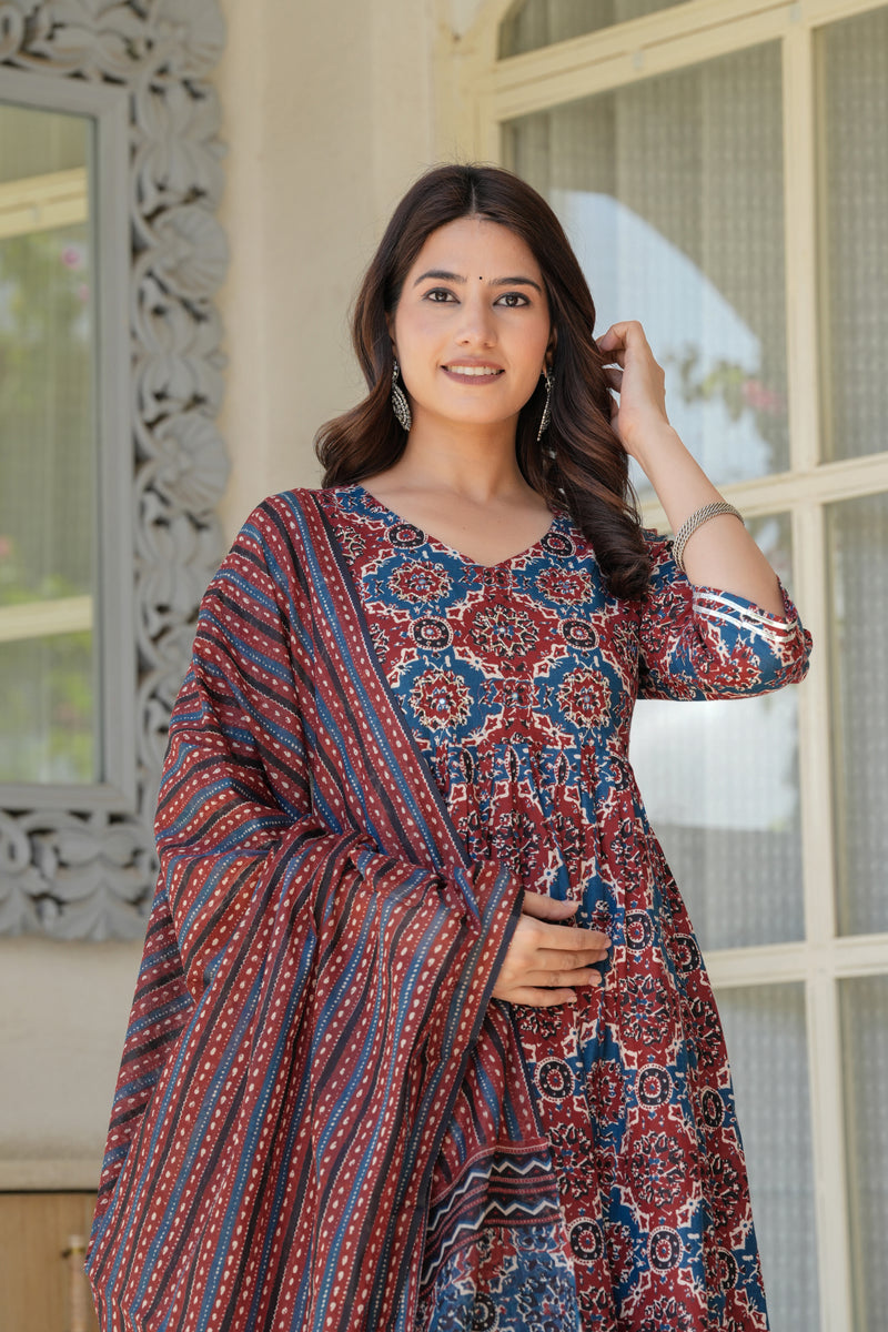 Elegant Red & Blue Printed Kurta Set with Dupatta for Women
