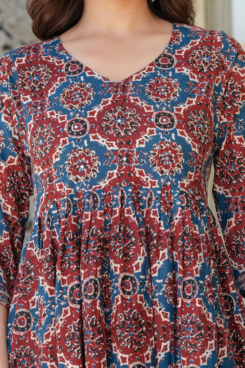 Elegant Red & Blue Printed Kurta Set with Dupatta for Women