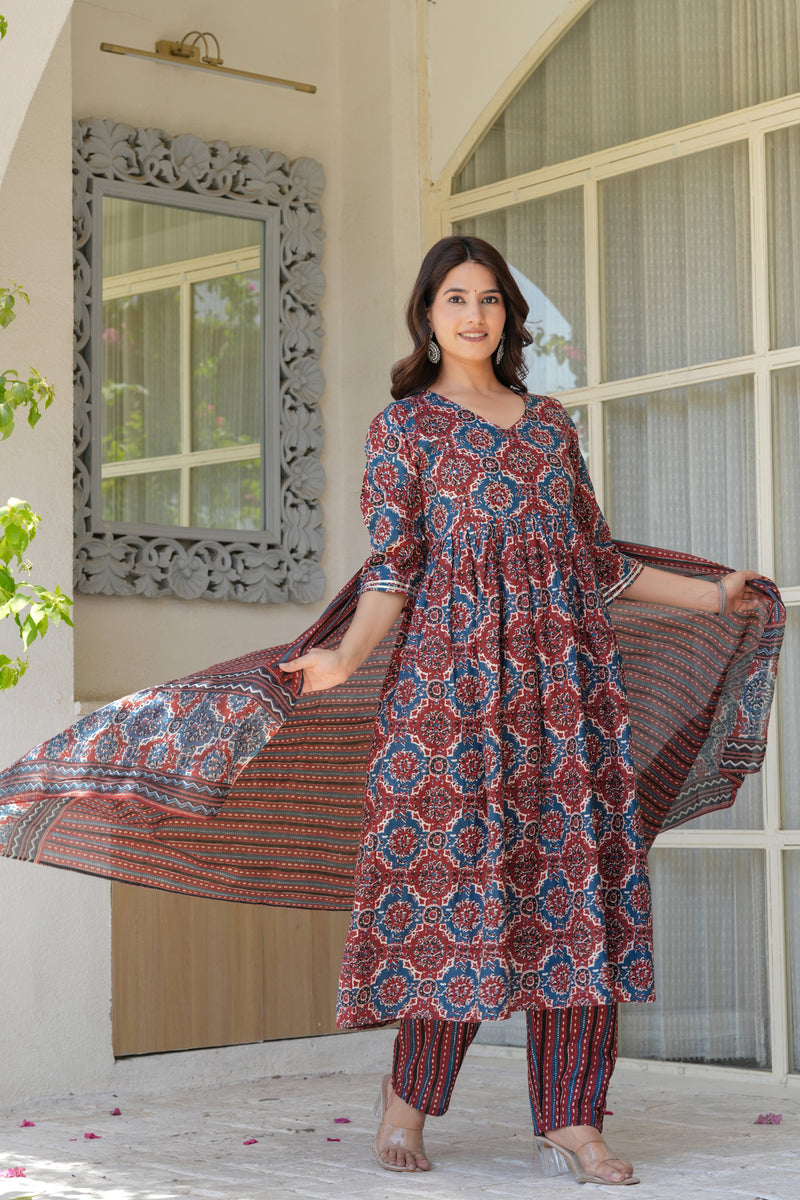 Elegant Red & Blue Printed Kurta Set with Dupatta for Women