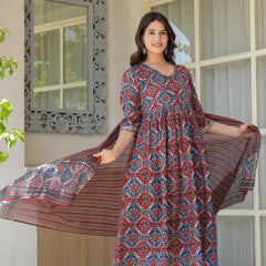 Elegant Red & Blue Printed Kurta Set with Dupatta for Women