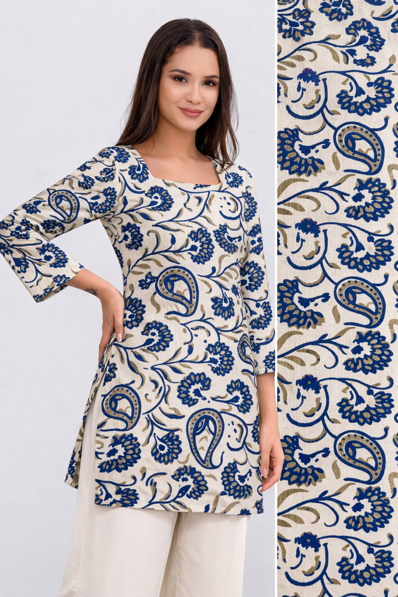 Azure Bloom Square-Neck Cotton Floral Top