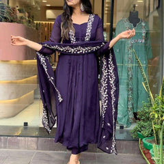 Elegant Purple Embroidered Kurta Set with Dupatta for Women