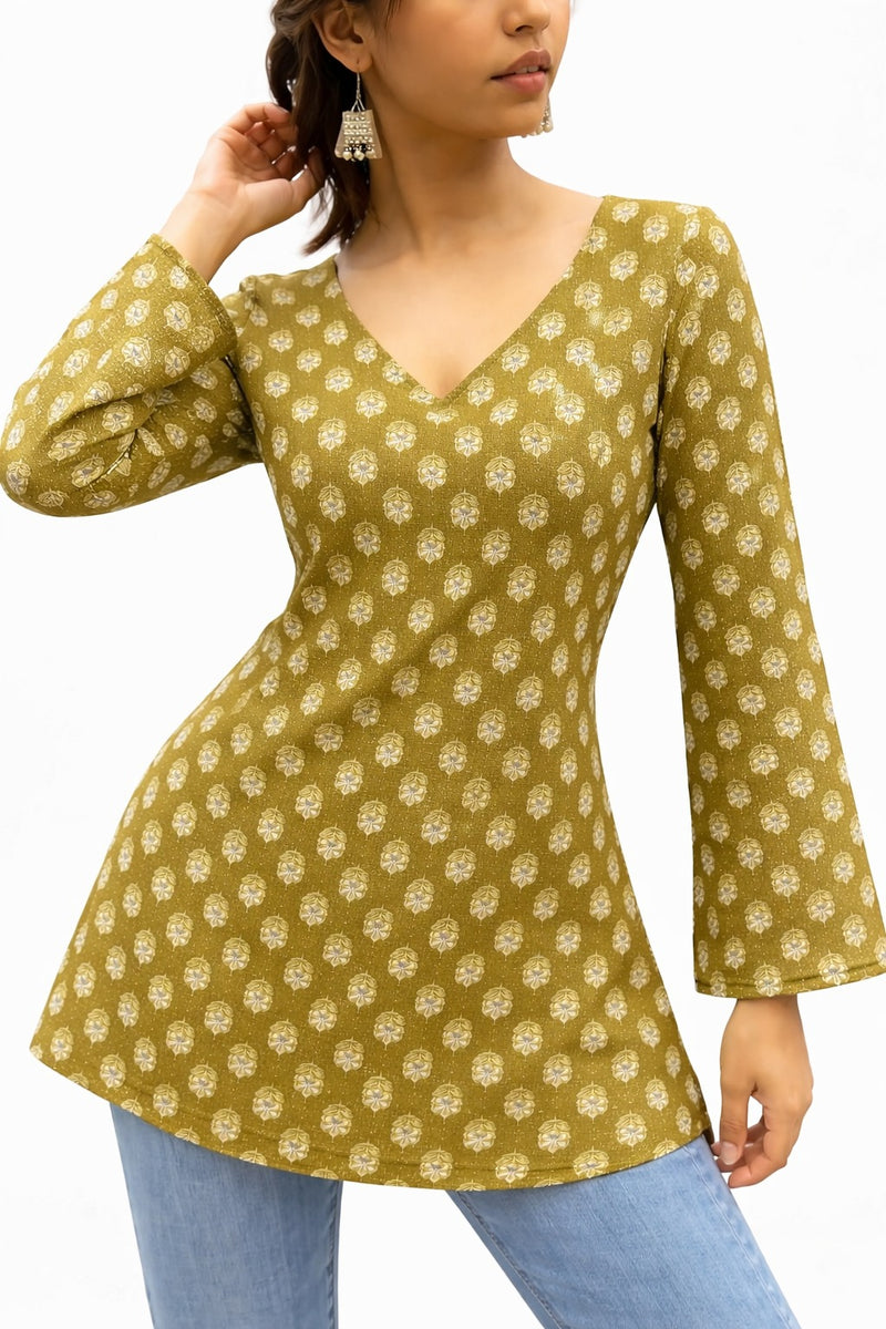 Verdant Whisper Floral V-Neck Cotton Top