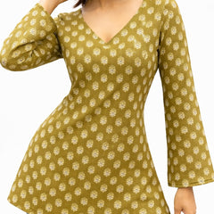 Verdant Whisper Floral V-Neck Cotton Top