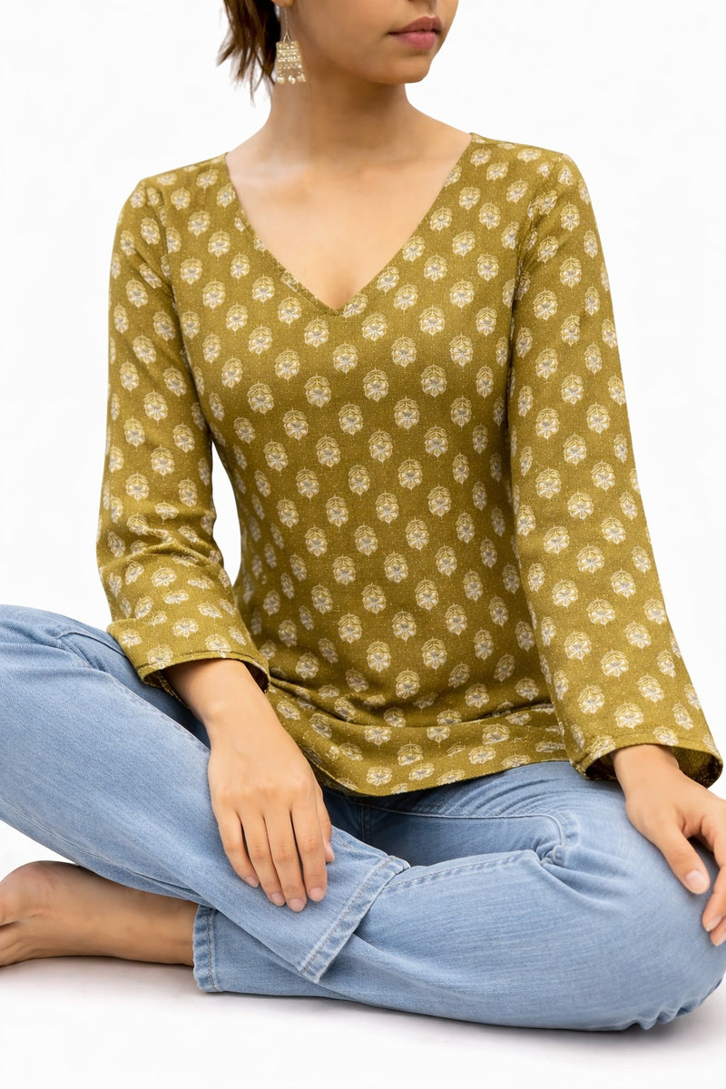 Verdant Whisper Floral V-Neck Cotton Top