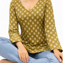 Verdant Whisper Floral V-Neck Cotton Top