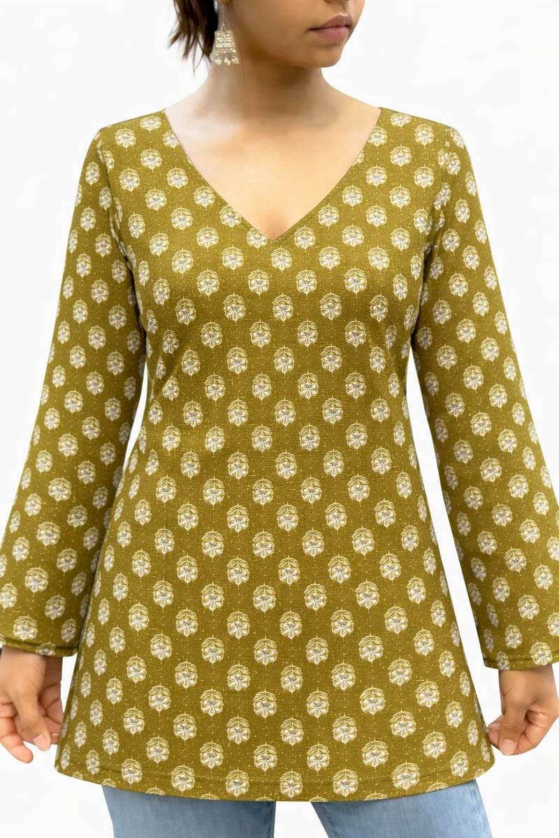 Verdant Whisper Floral V-Neck Cotton Top