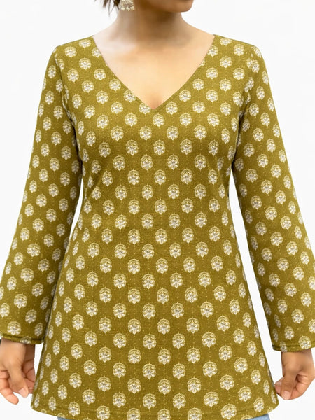 Verdant Whisper Floral V-Neck Cotton Top