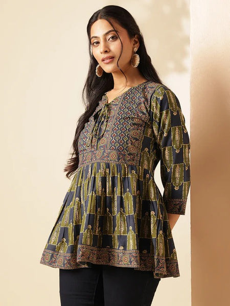Women’s Navy Blue Ethnic Print Peplum Top – Flared Tie-Neck Tunic