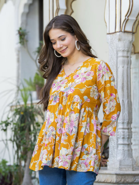 Women’s Mustard Floral Peplum Top – Flared V-Neck Casual Tunic