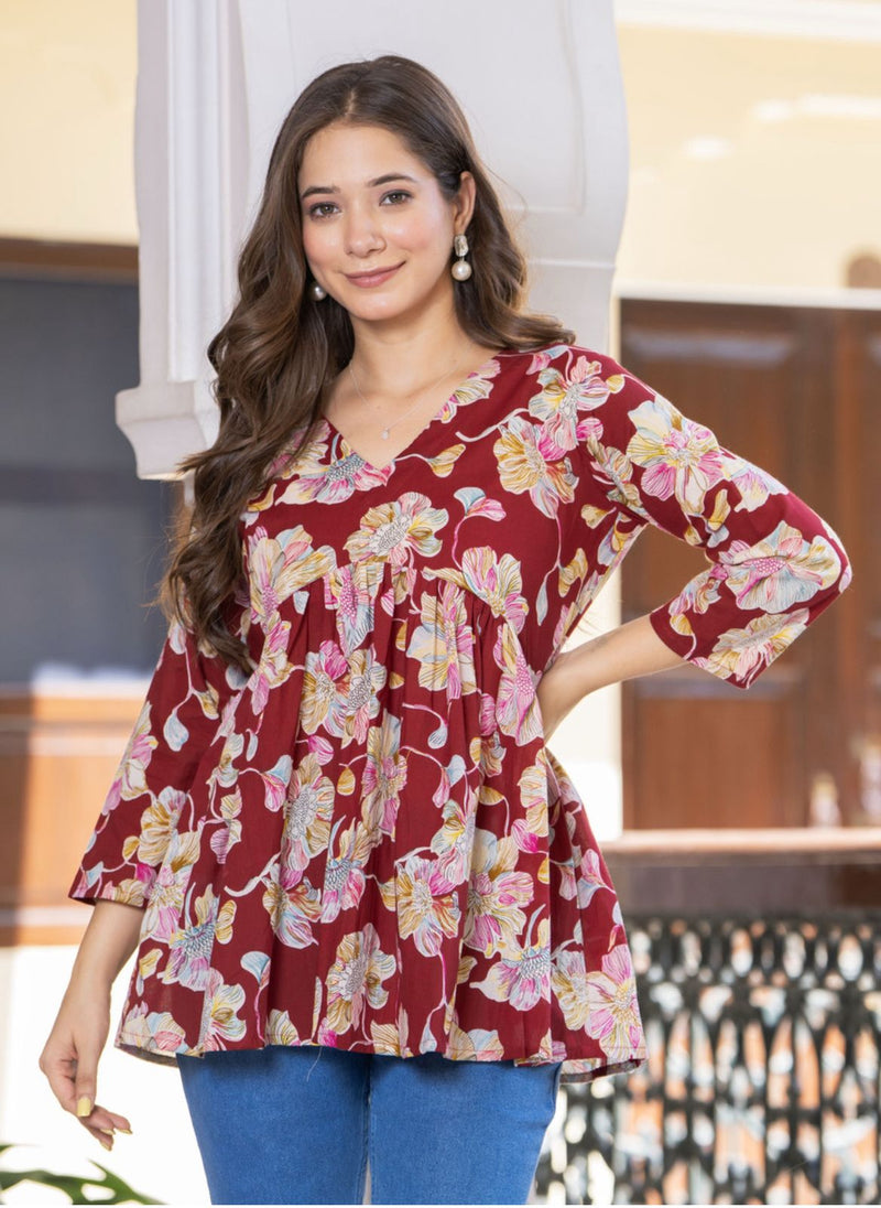 Women’s Floral Print Flared Top – Comfortable Peplum Style