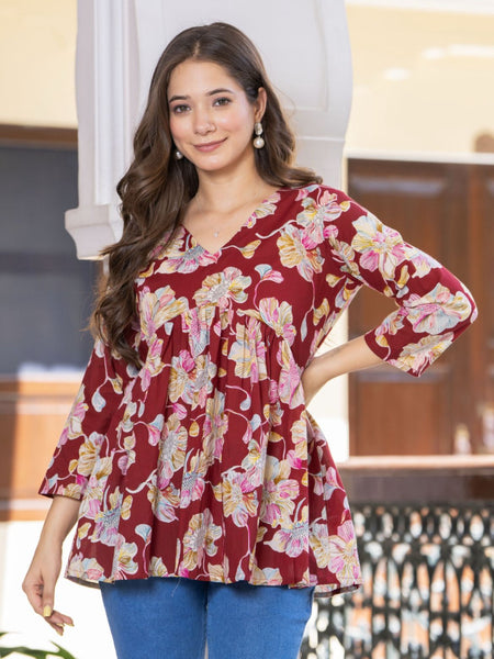 Women’s Floral Print Flared Top – Comfortable Peplum Style