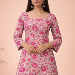 Pink Floral Cotton Ethnic Tie-Up Top