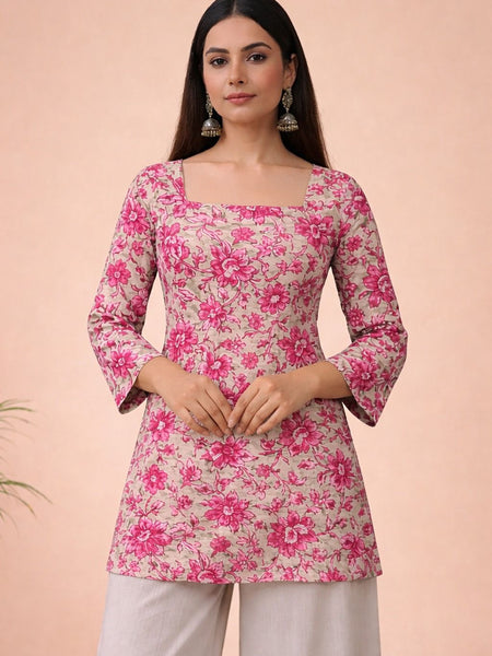 Pink Floral Cotton Ethnic Tie-Up Top
