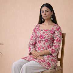 Pink Floral Cotton Ethnic Tie-Up Top