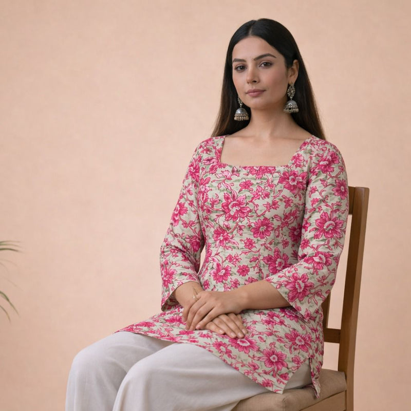 Pink Floral Cotton Ethnic Tie-Up Top