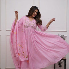 Women’s Pink Embroidered Anarkali Kurta Set with Dupatta