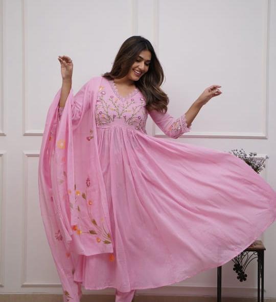 Women’s Pink Embroidered Anarkali Kurta Set with Dupatta