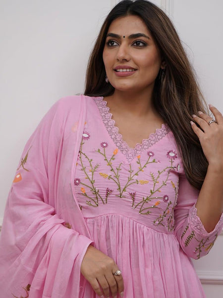 Women’s Pink Embroidered Anarkali Kurta Set with Dupatta