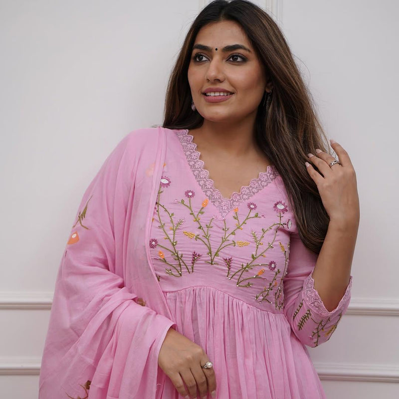Women’s Pink Embroidered Anarkali Kurta Set with Dupatta