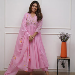 Women’s Pink Embroidered Anarkali Kurta Set with Dupatta