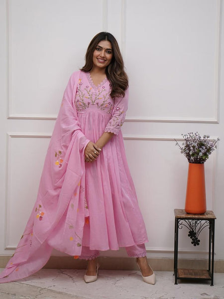 Women’s Pink Embroidered Anarkali Kurta Set with Dupatta