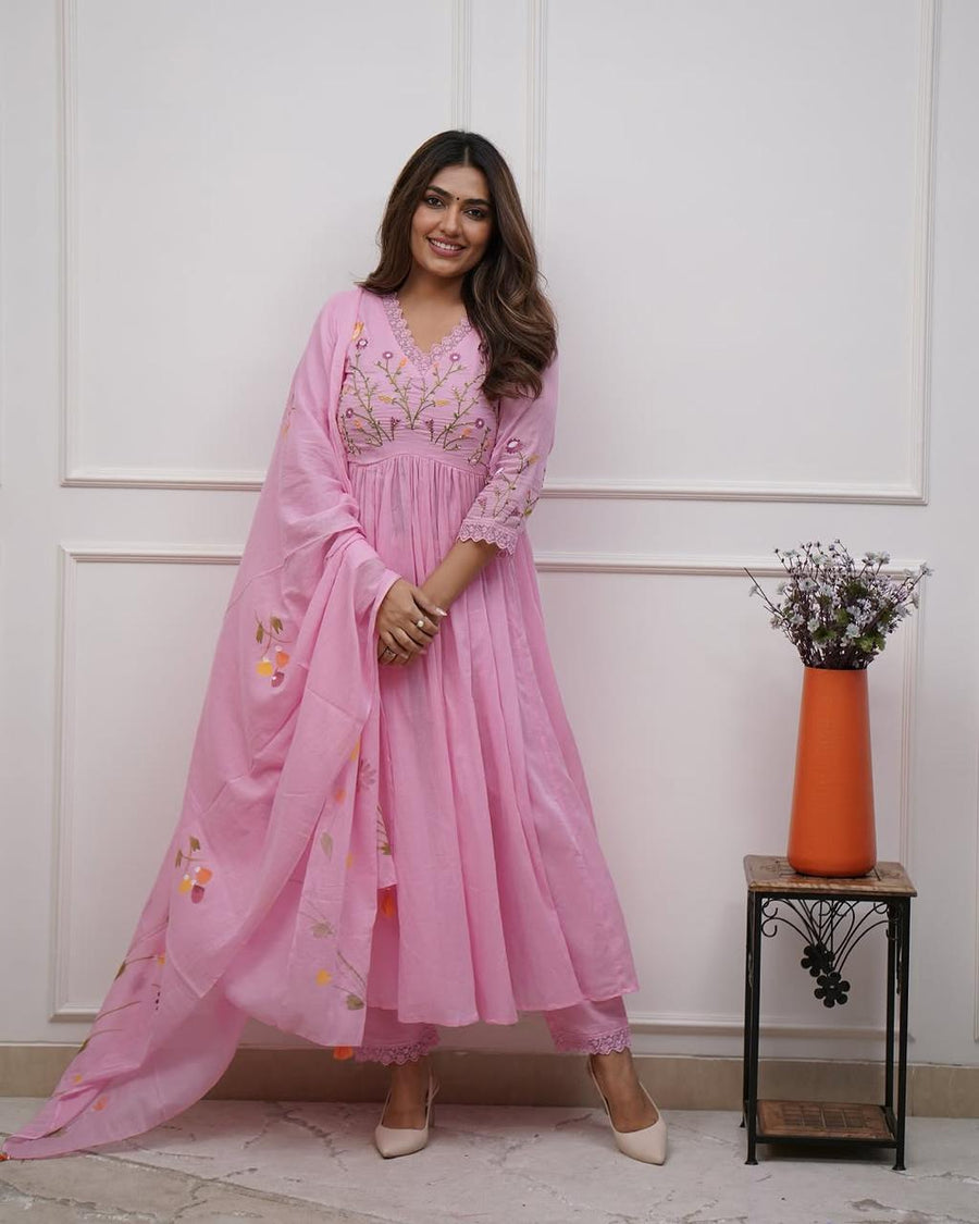 Women’s Pink Embroidered Anarkali Kurta Set with Dupatta