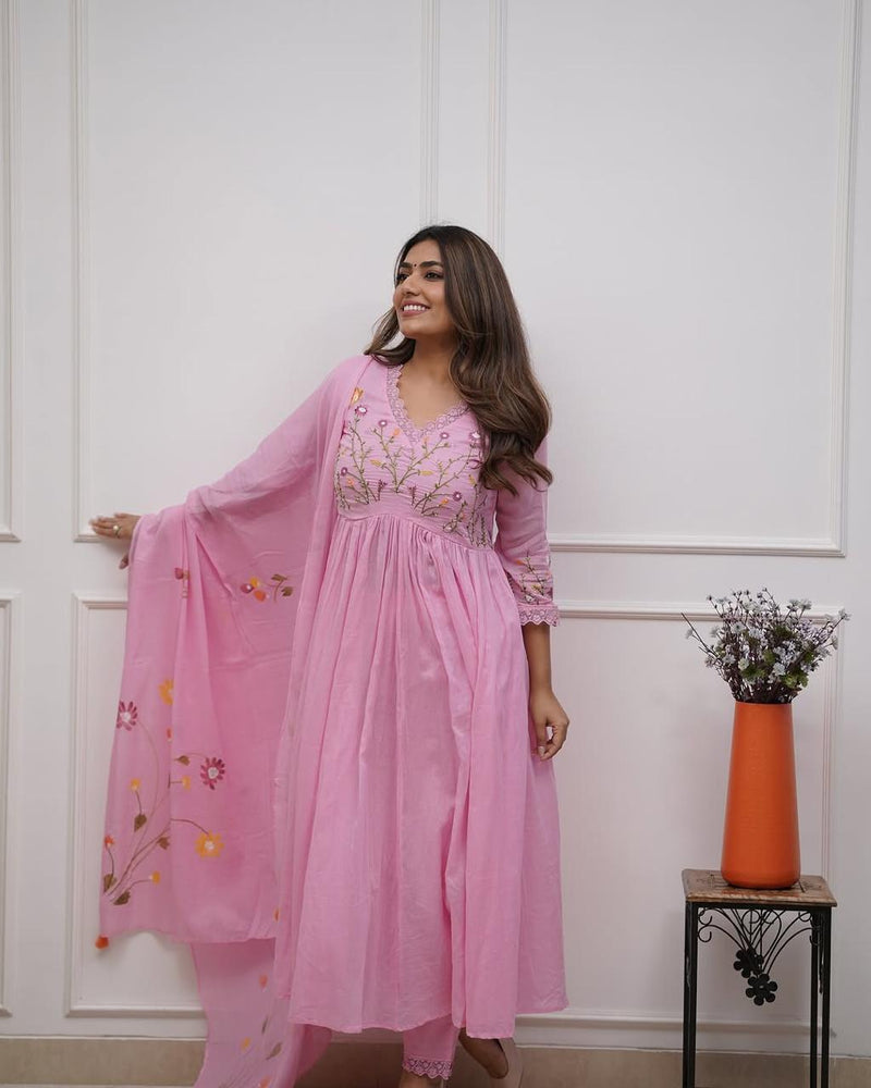 Women’s Pink Embroidered Anarkali Kurta Set with Dupatta