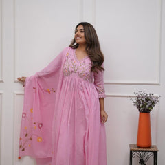 Women’s Pink Embroidered Anarkali Kurta Set with Dupatta