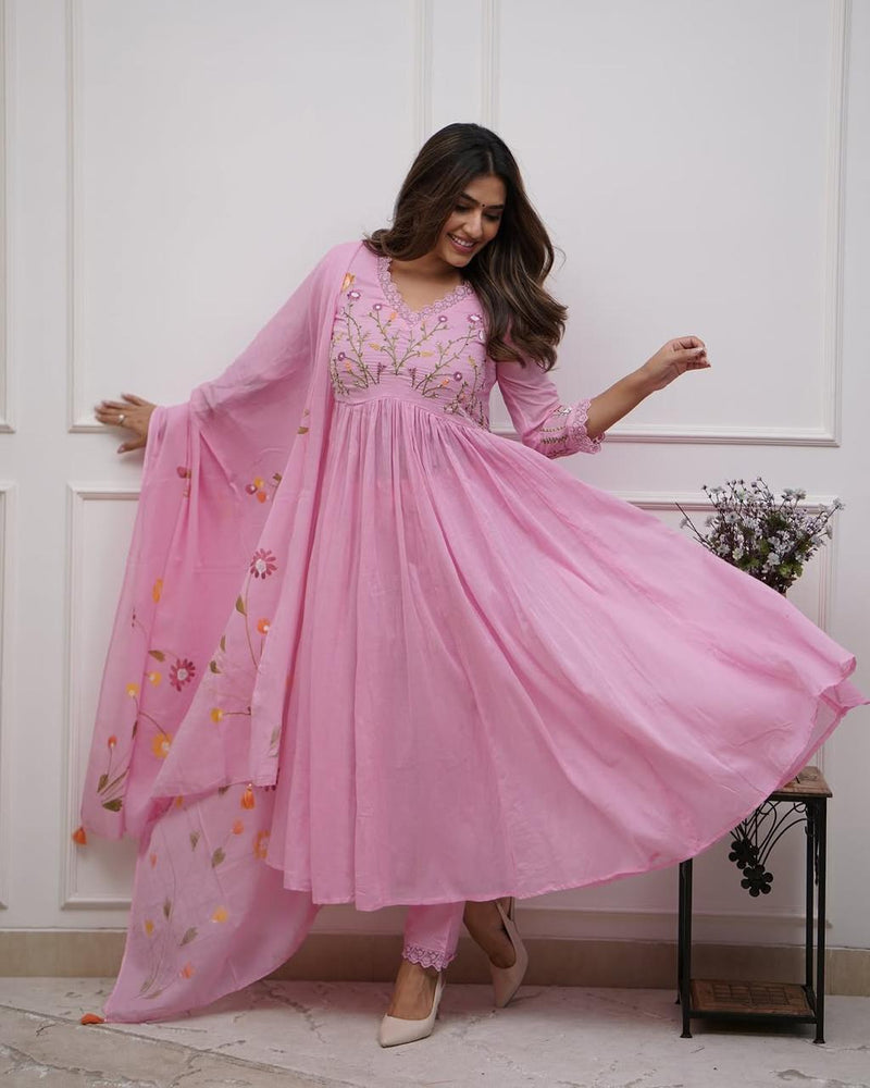 Women’s Pink Embroidered Anarkali Kurta Set with Dupatta