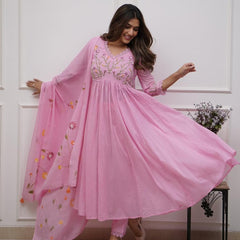 Women’s Pink Embroidered Anarkali Kurta Set with Dupatta
