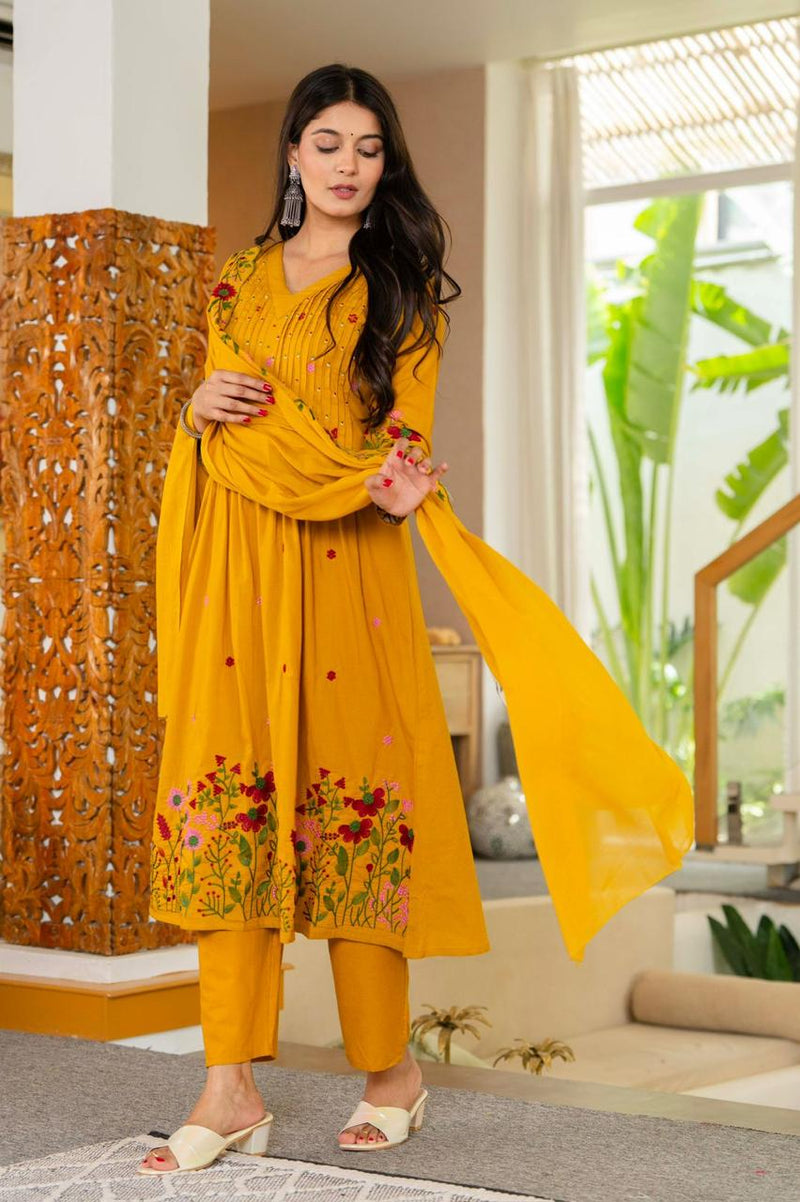 Premium Pure Cotton Suit Set, Flaired Anarkali Kurta
