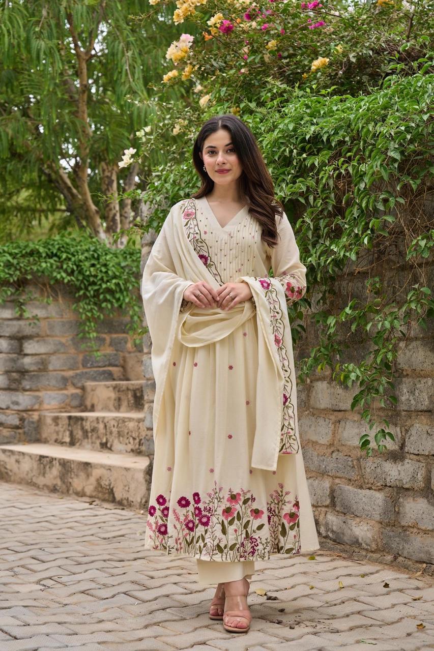 Premium Pure Cotton Suit Set, Flaired Anarkali Kurta