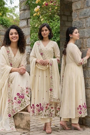 Premium Pure Cotton Suit Set, Flaired Anarkali Kurta